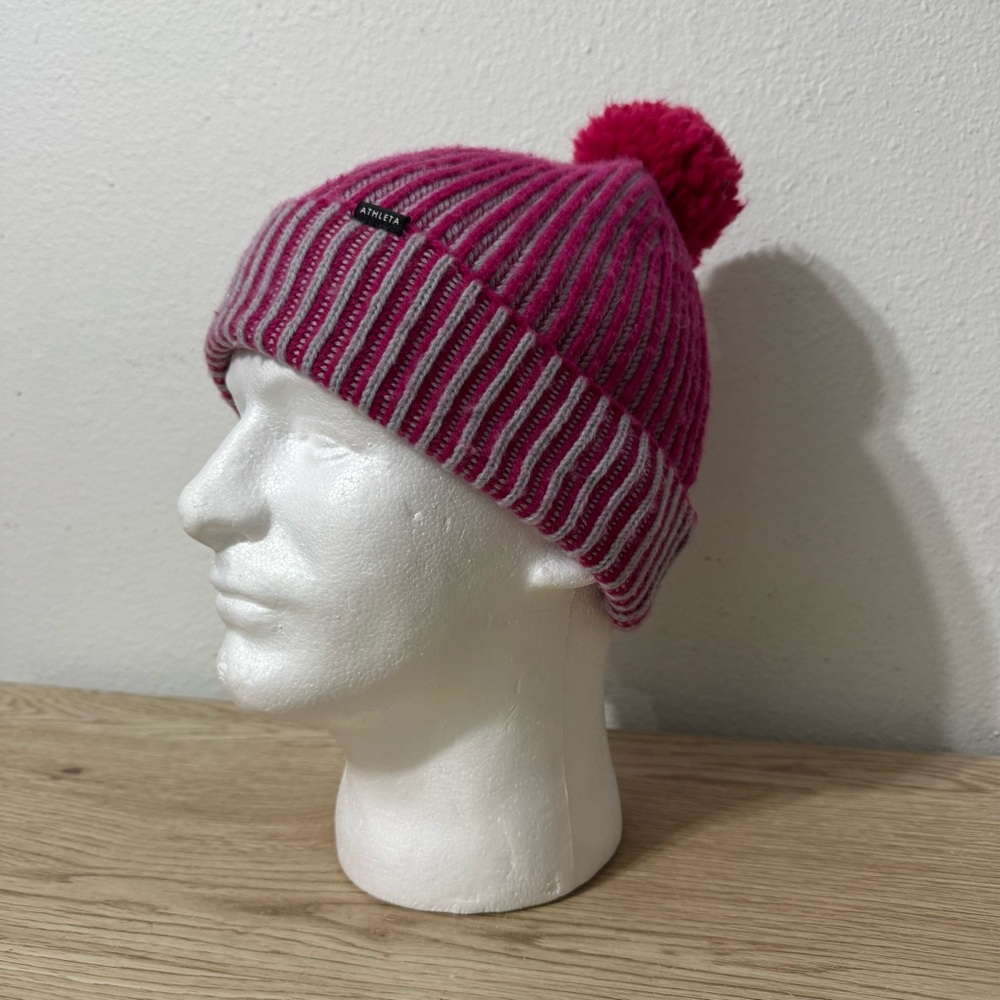 Athleta Pink Beanie Wool Blend Winter Hat Ribbed Pom Pom One‎ Size Cuffed Ski